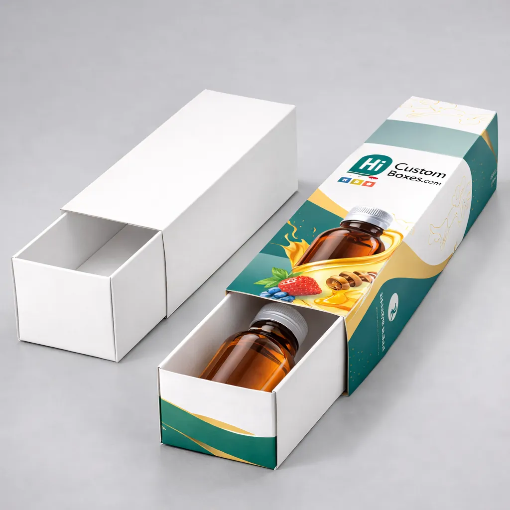 Two long sliding drawer boxes, one plain white and one featuring a teal and gold syrup design. class=